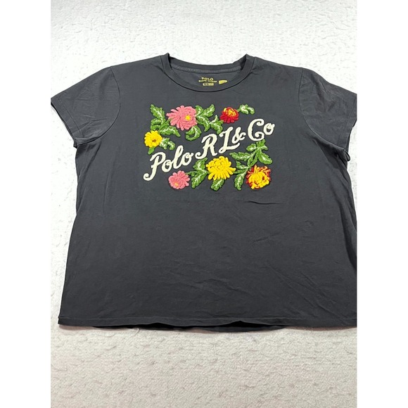 Polo Ralph Lauren Tops - Polo Ralph Lauren T Shirt Womens Large Black Floral Embroidered Relaxed Fit